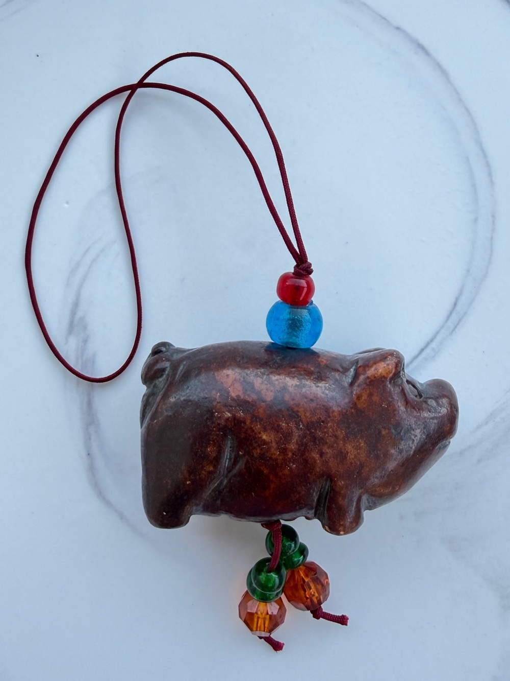 Traditional Small Carved Stained Stone Lucky Pig Charm Talisman Ornament Vintage